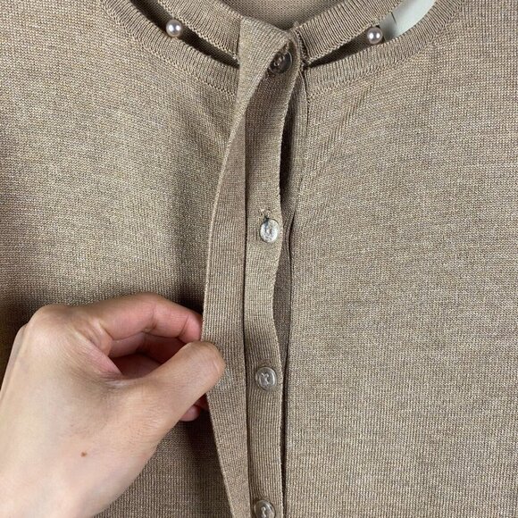CJ Banks Cardigan Sweater Size 2X Tan Pearl Neckline Detail Button Up - Picture 5 of 11